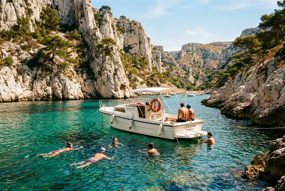 Piccolo motoscafo ancorato accanto a scogliere calcaree bianche in una cala del Parco Nazionale delle Calanques vicino a Marsiglia con passeggeri che nuotano in acqua turchese