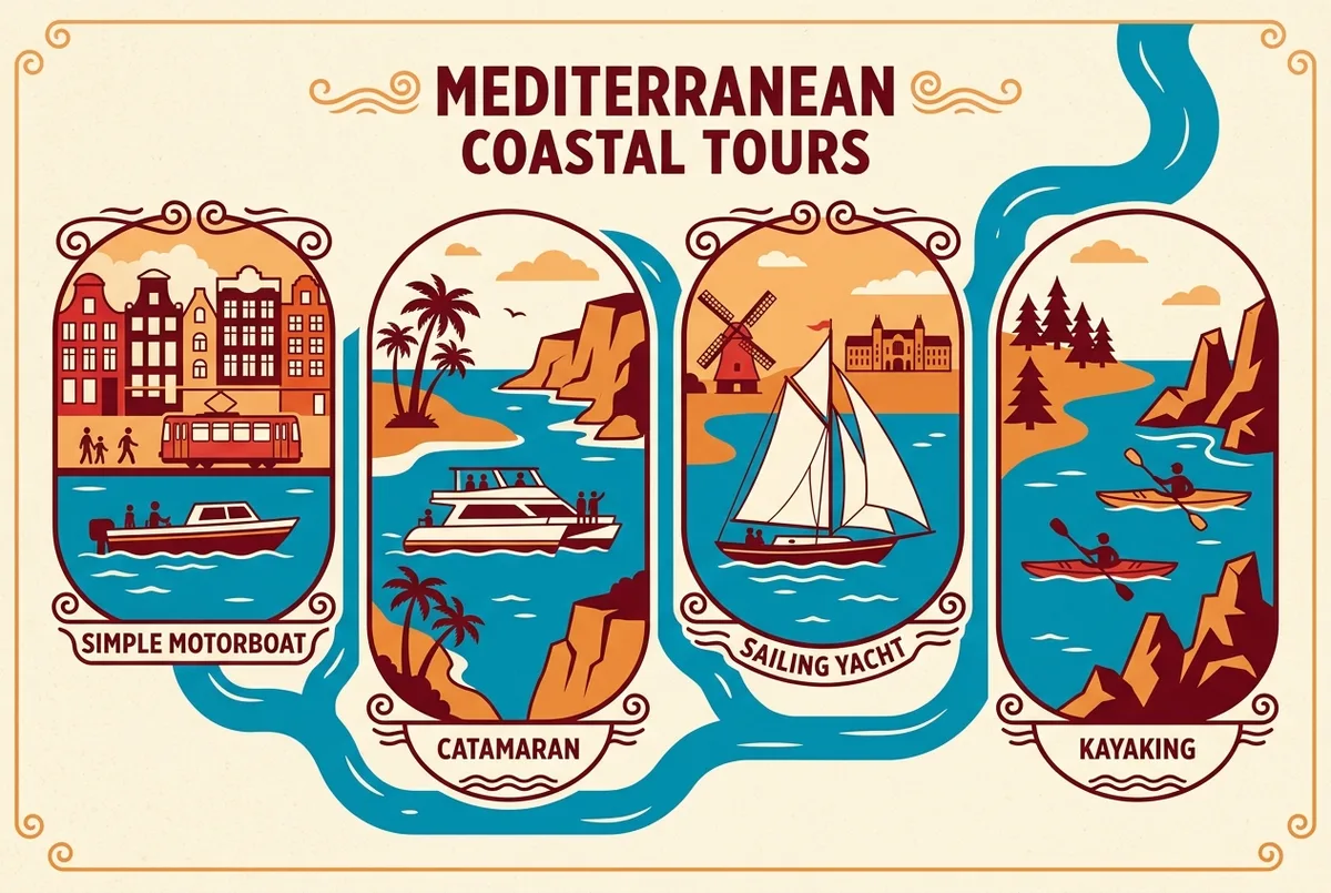 Infografica piatta che confronta quattro stili di tour in barca alle Calanques di Marsiglia, motoscafo, catamarano, barca a vela e kayak, ciascuno con una semplice icona ed etichetta di prezzo