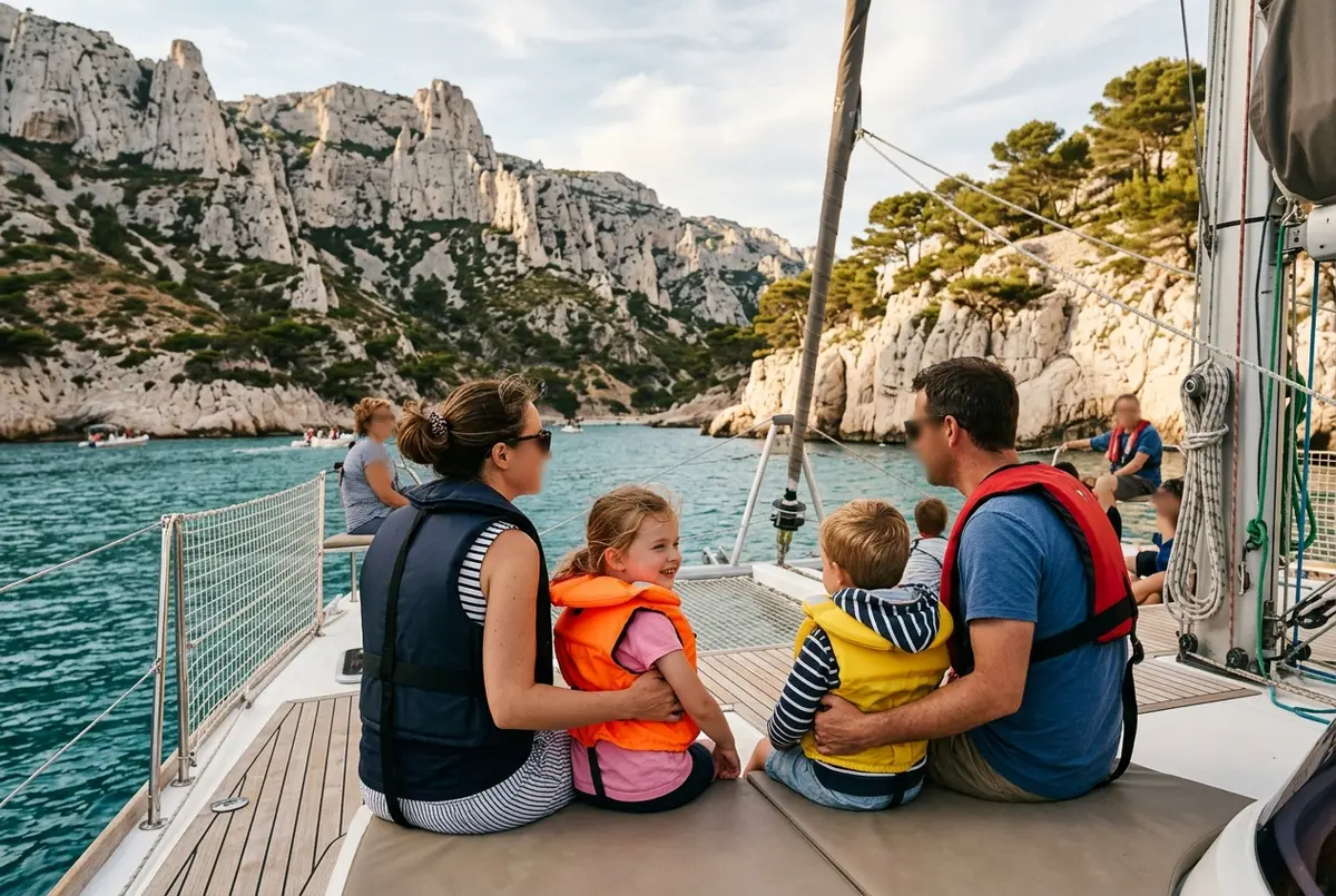 enfant en gilet de sauvetage souriant sur le pont dun catamaran ancre dans une calanque turquoise pres de marseille avec ses parents