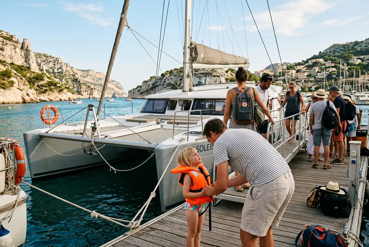 infographie simple avec des icones generiques montrant gilet de sauvetage creme solaire et gourde pour une sortie en bateau en famille pres de marseille