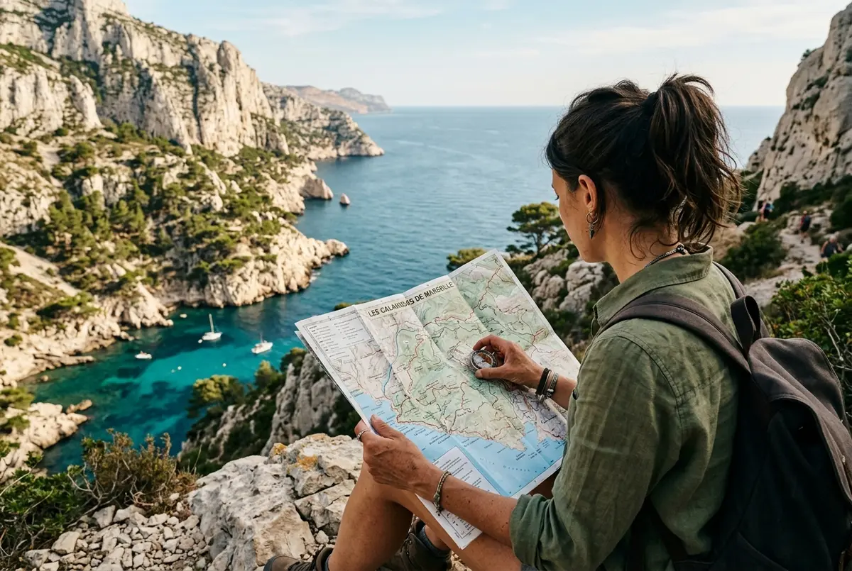 Viaggiatore che confronta rotte su una mappa cartacea della costa delle Calanques vicino a Marsiglia, con scogliere calcaree bianche e calette turchesi sullo sfondo