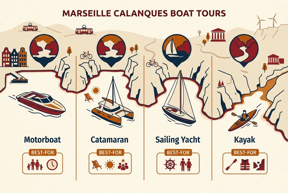 Infografica che confronta tre stili di tour in barca alle Calanques vicino a Marsiglia, motoscafo, catamarano e barca a vela, ciascuno con un'icona di cala e un'etichetta del tipo di viaggiatore ideale