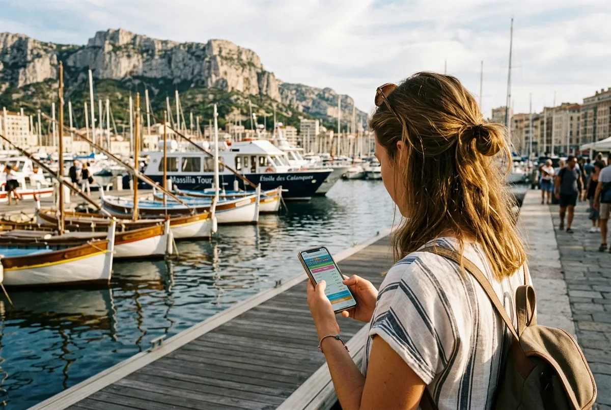 Viajero comprobando el precio de un tour en barco a las Calanques en el móvil junto a un muelle de Marsella con lanchas amarradas al fondo