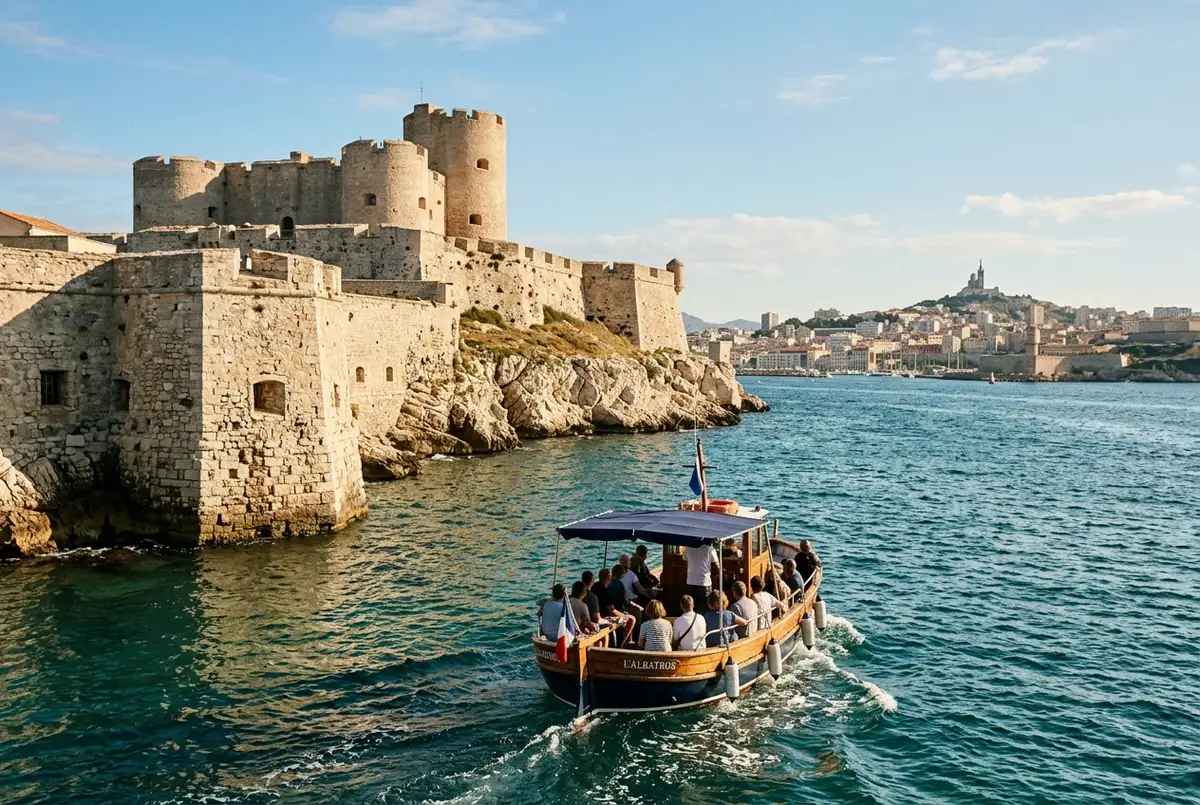 forteresse du chateau dif sur son ilot rocheux vue depuis un bateau en approche pres de marseille sous un ciel bleu