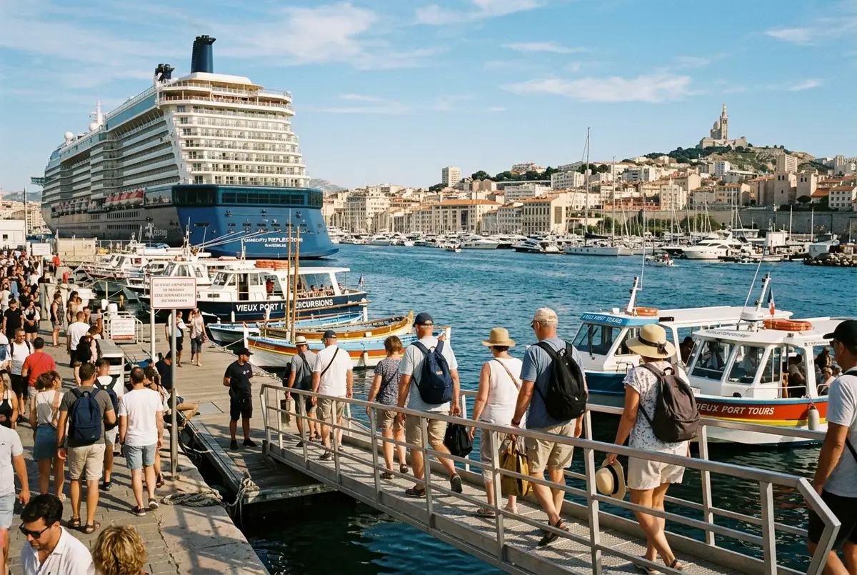 Passeggeri di una nave da crociera che scendono una passerella verso piccole barche turistiche ormeggiate al Vieux-Port di Marsiglia con una nave da crociera visibile sullo sfondo