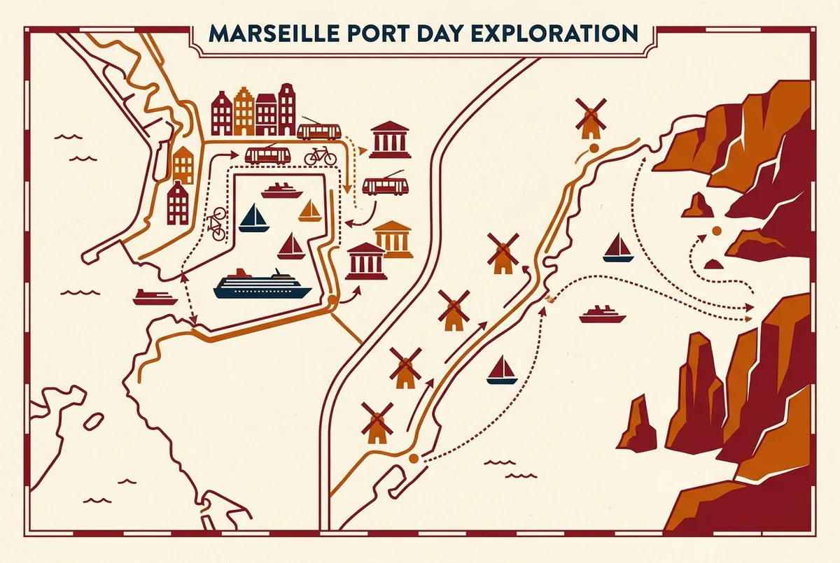 Semplice diagramma che mostra una giornata di crociera a Marsiglia divisa tra una breve opzione di due ore vicino al porto e un'opzione più lunga di mezza giornata verso le Calanques