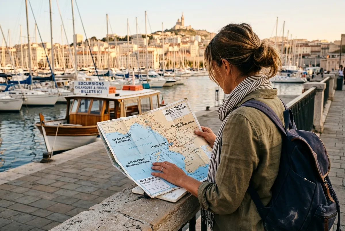 Viajero estudiando un mapa costero de Marsella apoyado en la barandilla de un puerto deportivo, decidiendo entre las Calanques, las islas de Frioul, el Vieux Port y un crucero al atardecer