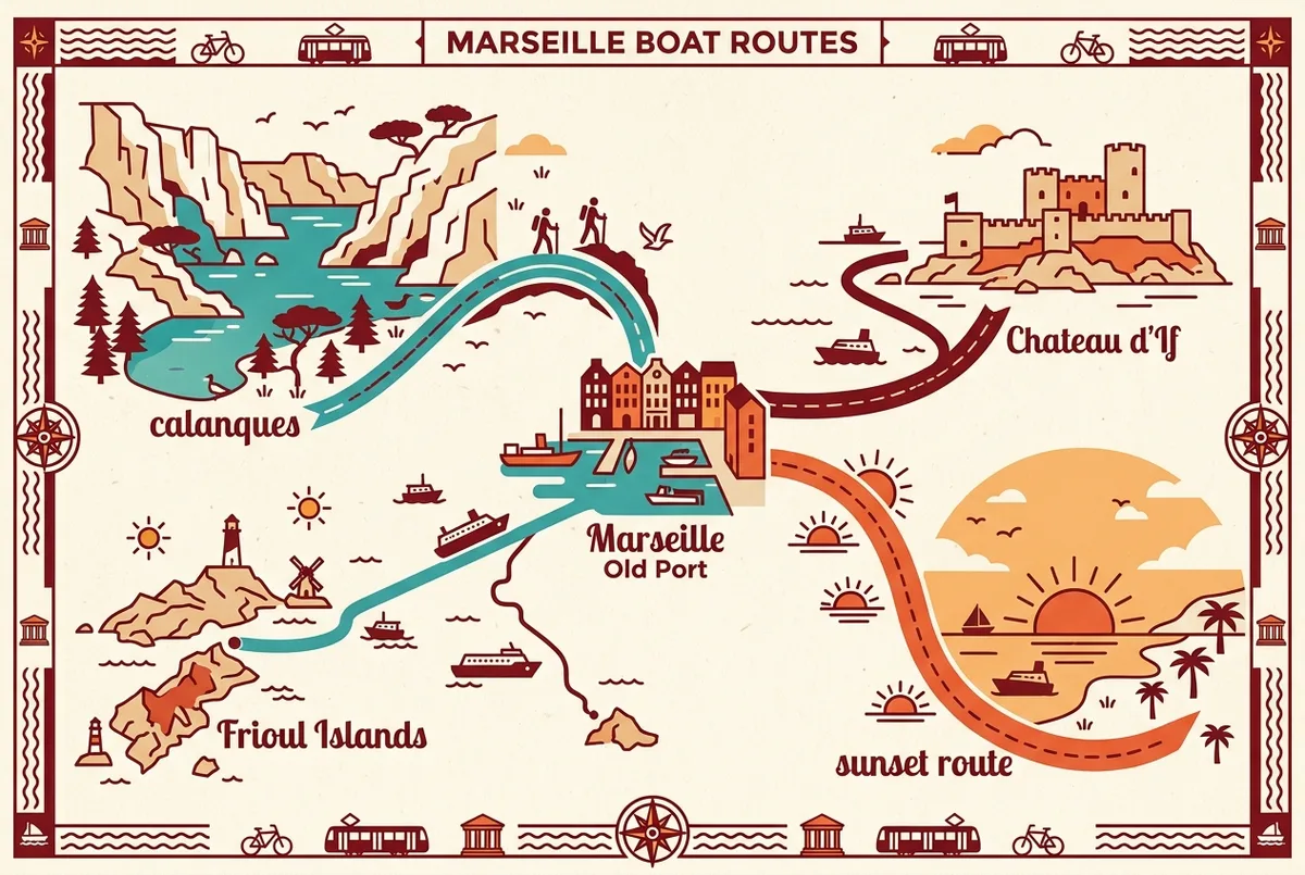 Mapa sencillo de decisión mostrando cuatro rutas en barco desde Marsella hacia las Calanques, el Château d'If, las islas de Frioul y una ruta al atardecer