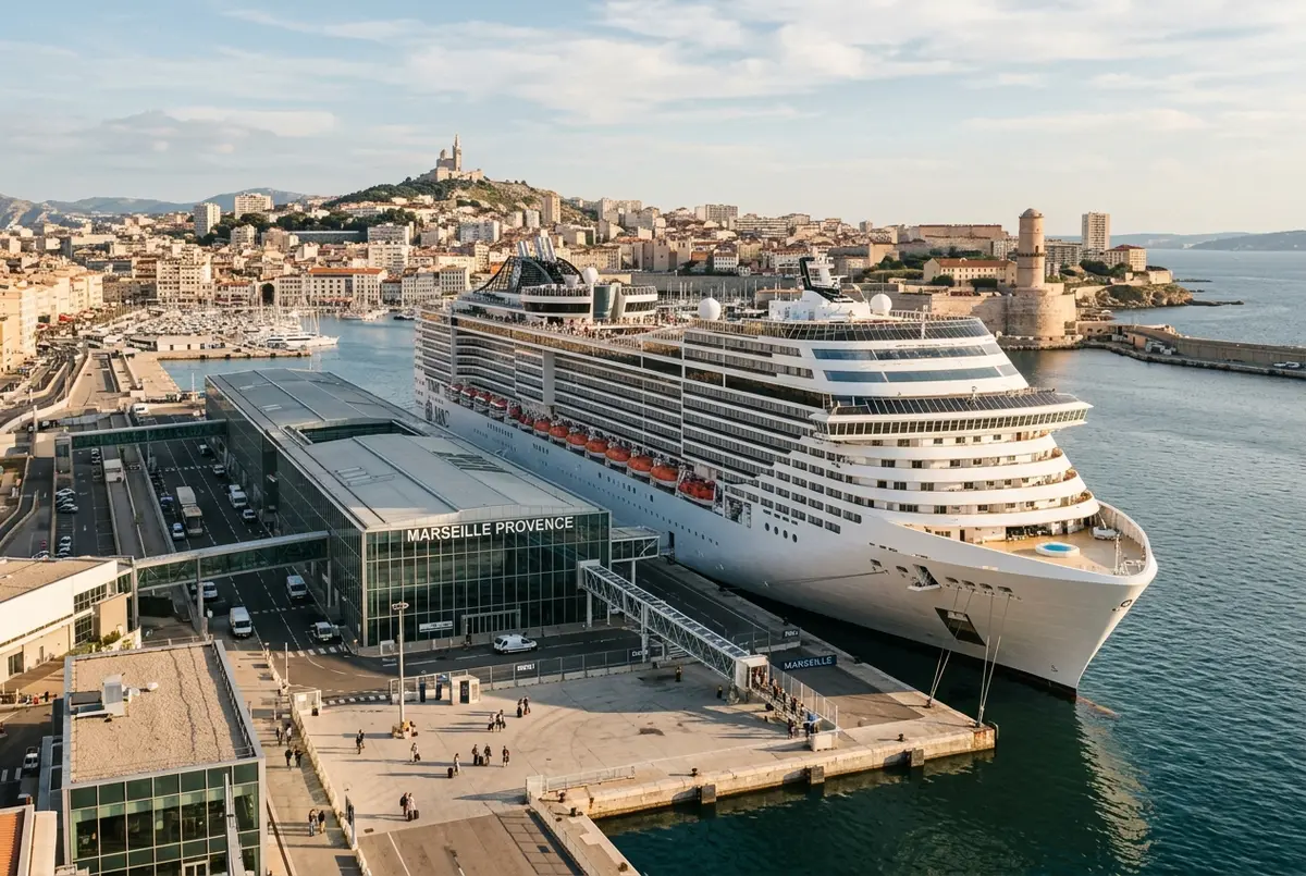 Grande nave da crociera ormeggiata a un terminal moderno del porto di Marsiglia con la costa e le colline della città sullo sfondo sotto un cielo terso