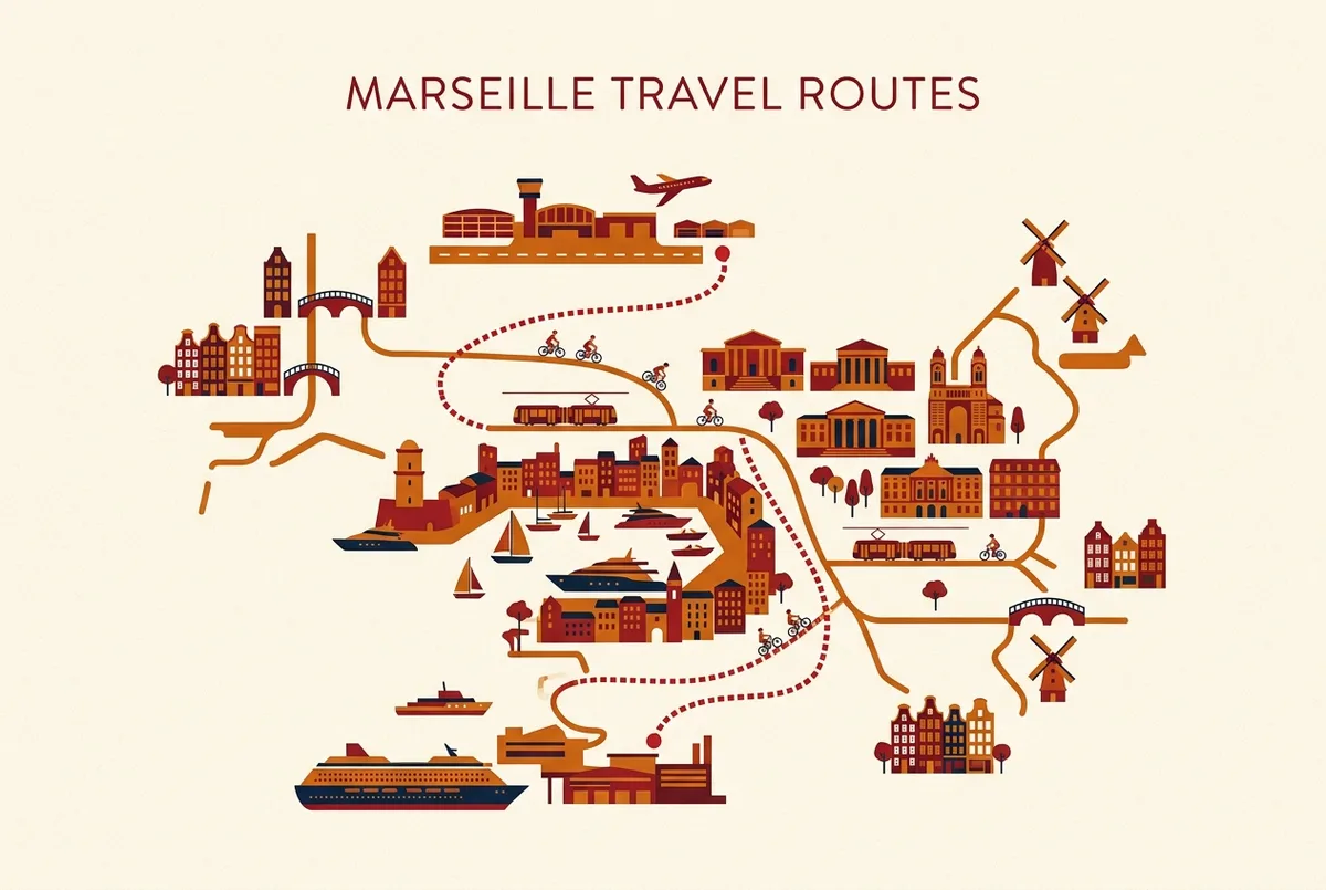 Illustrazione semplice di una mappa che mostra il percorso dal terminal crociere di Marsiglia al Vecchio Porto storico e all'Aeroporto di Marsiglia Provenza