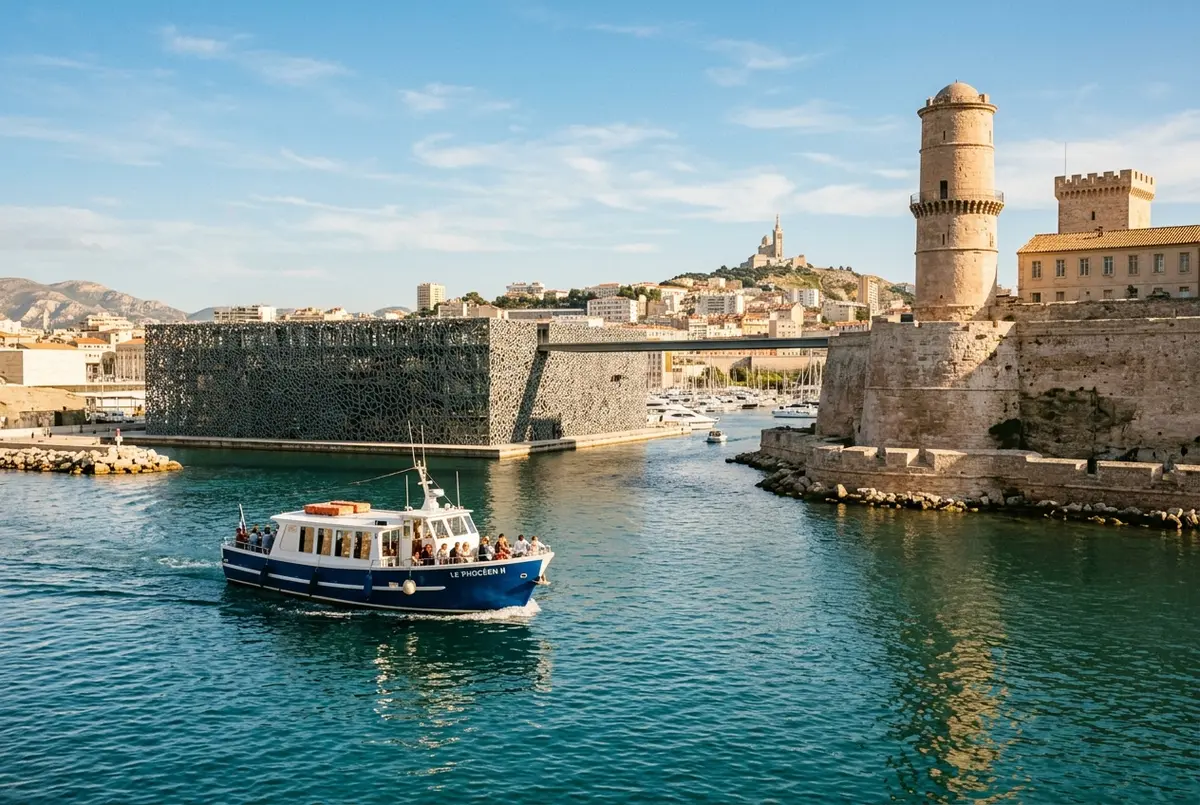 Piccola barca turistica che naviga davanti al Mucem e a Fort Saint-Jean all'ingresso del Vecchio Porto di Marsiglia in un pomeriggio soleggiato