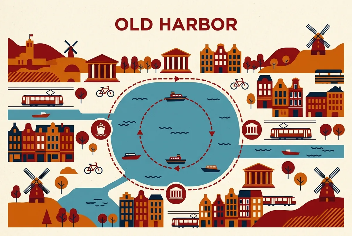 Infografica piatta che mostra un breve percorso ad anello in barca nel porto del Vecchio Porto di Marsiglia, con icone per il Mucem, Fort Saint-Jean e il Palais du Pharo