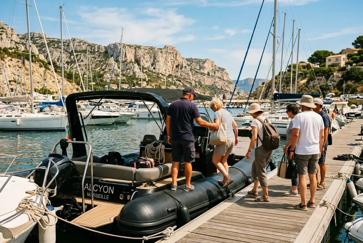 semi-rigide prive avec skipper naviguant pres des falaises calcaires lors dune balade bateau prive marseille avec un petit groupe a bord