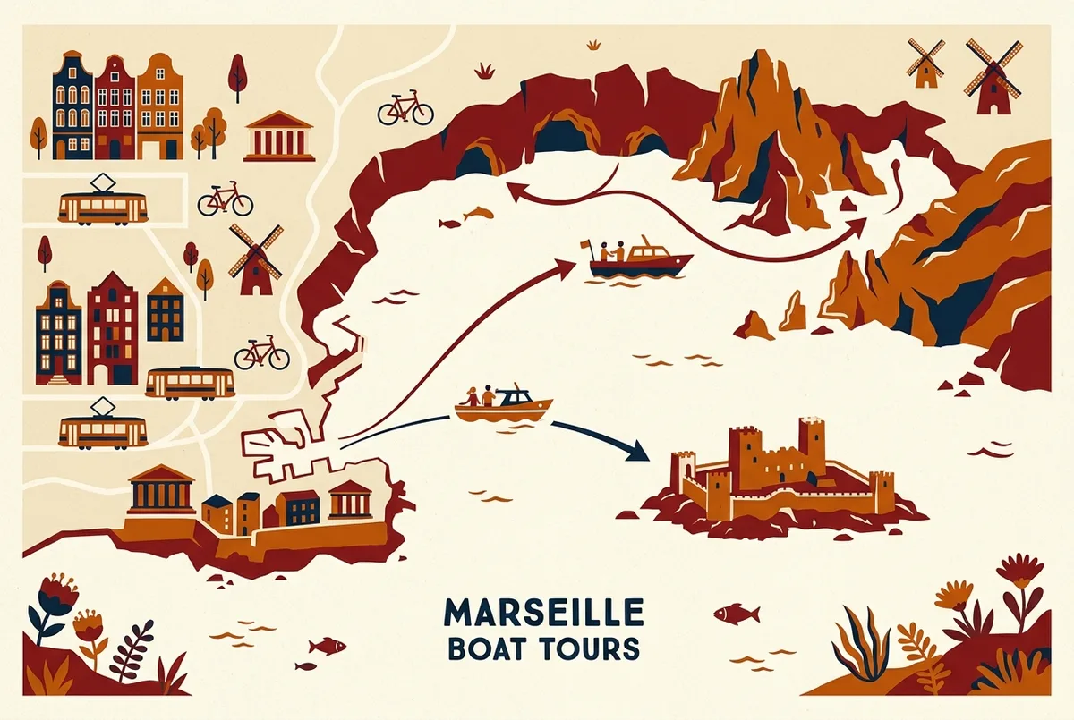 carte simple montrant les deux itineraires possibles depuis le mucem lors dune balade bateau prive marseille lun vers le chateau dif et le frioul lautre vers la cote bleue