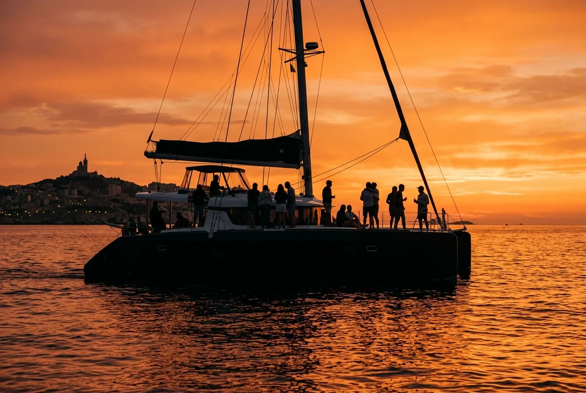 Catamaran silhouetted against an orange sunset sky over the Mediterranean near Marseille with passengers gathered on the open deck
